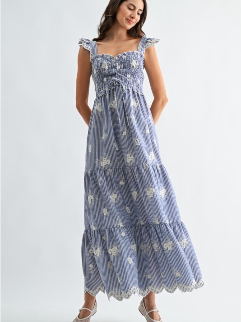 Camellia Blue Floral Striped Maxi Dress with Smocked Bodice - Picture 3 of 3